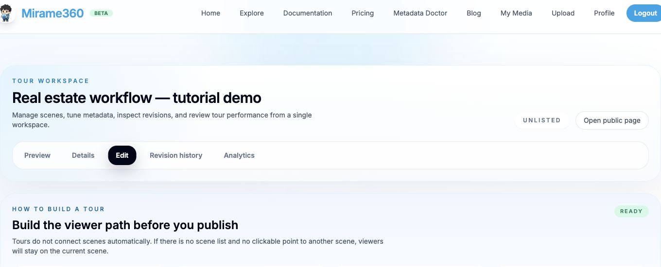 Scenes panel with ordering controls, the START badge, and the Add panorama selector.