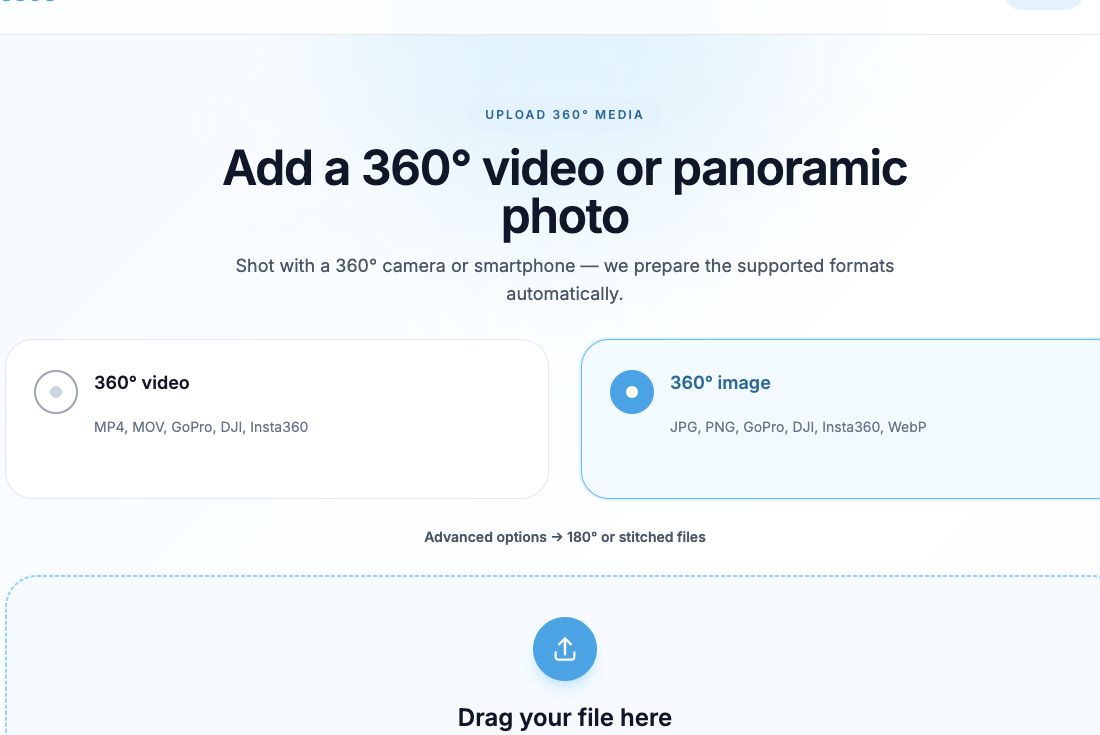 Upload form with 360° image selected and Browse file and Upload controls.