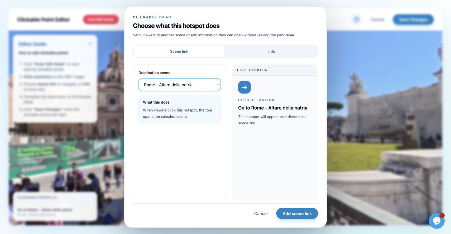 Scene link selected in the clickable point dialog, with a destination scene chosen.