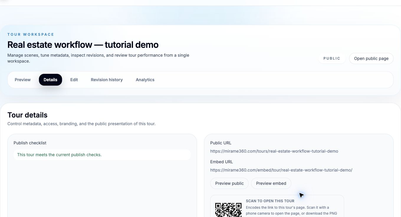 Details panel with viewing and embed URLs, QR download, Public visibility, and Access controls.