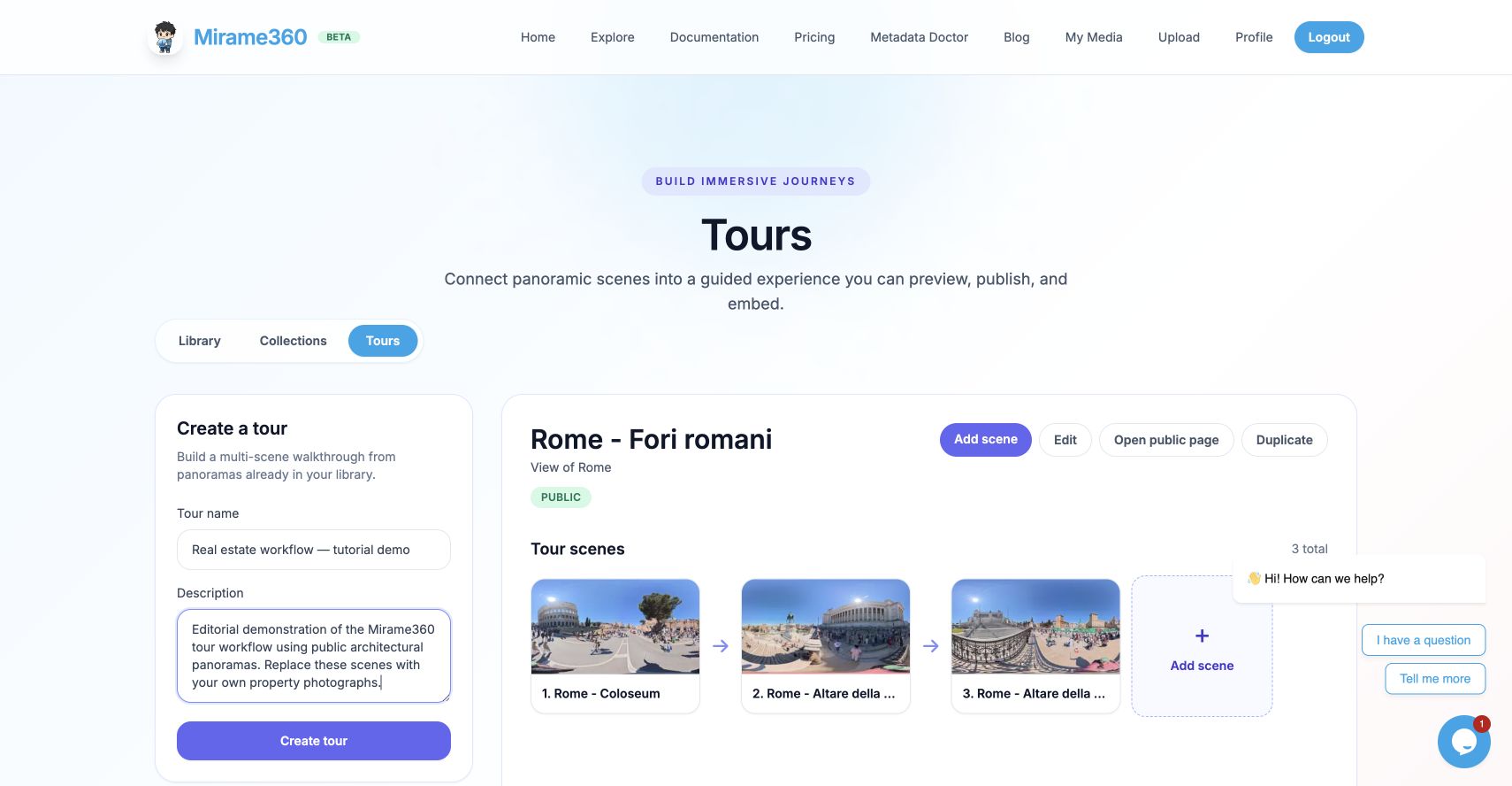 Create a tour form. The card on the right is an existing tour.