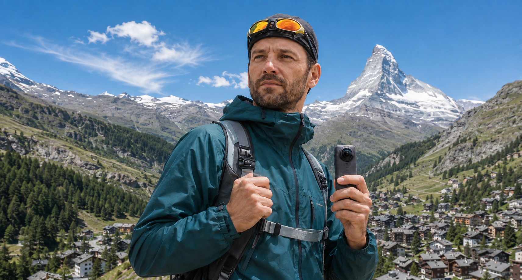 Illustration of a hiker holding a 360 camera with the Matterhorn in the background