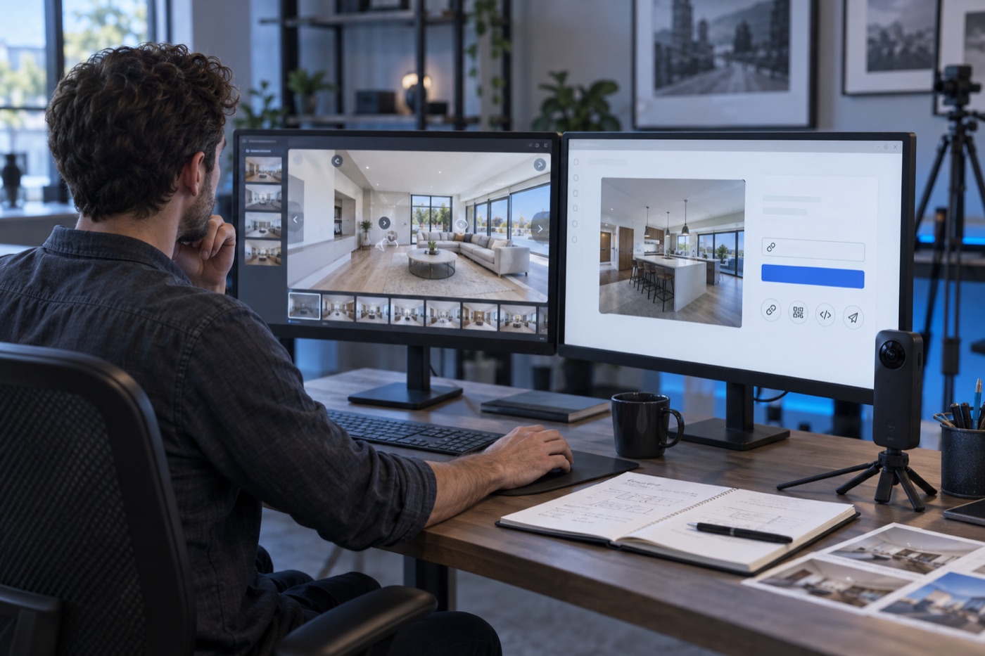 A creator comparing two 360 tour hosting workflows on dual monitors