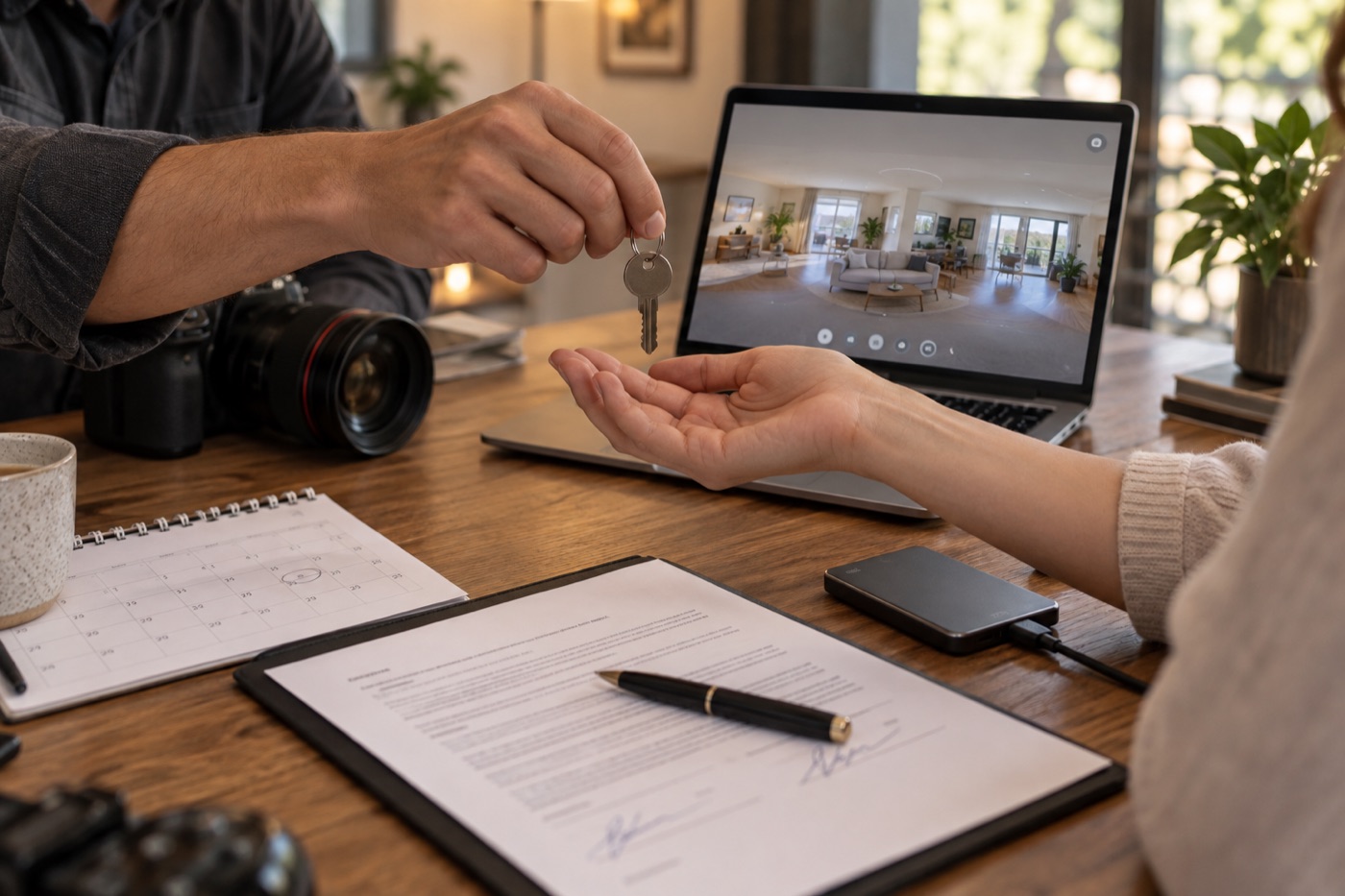 A virtual tour handover with a contract, expiry date, and backup drive