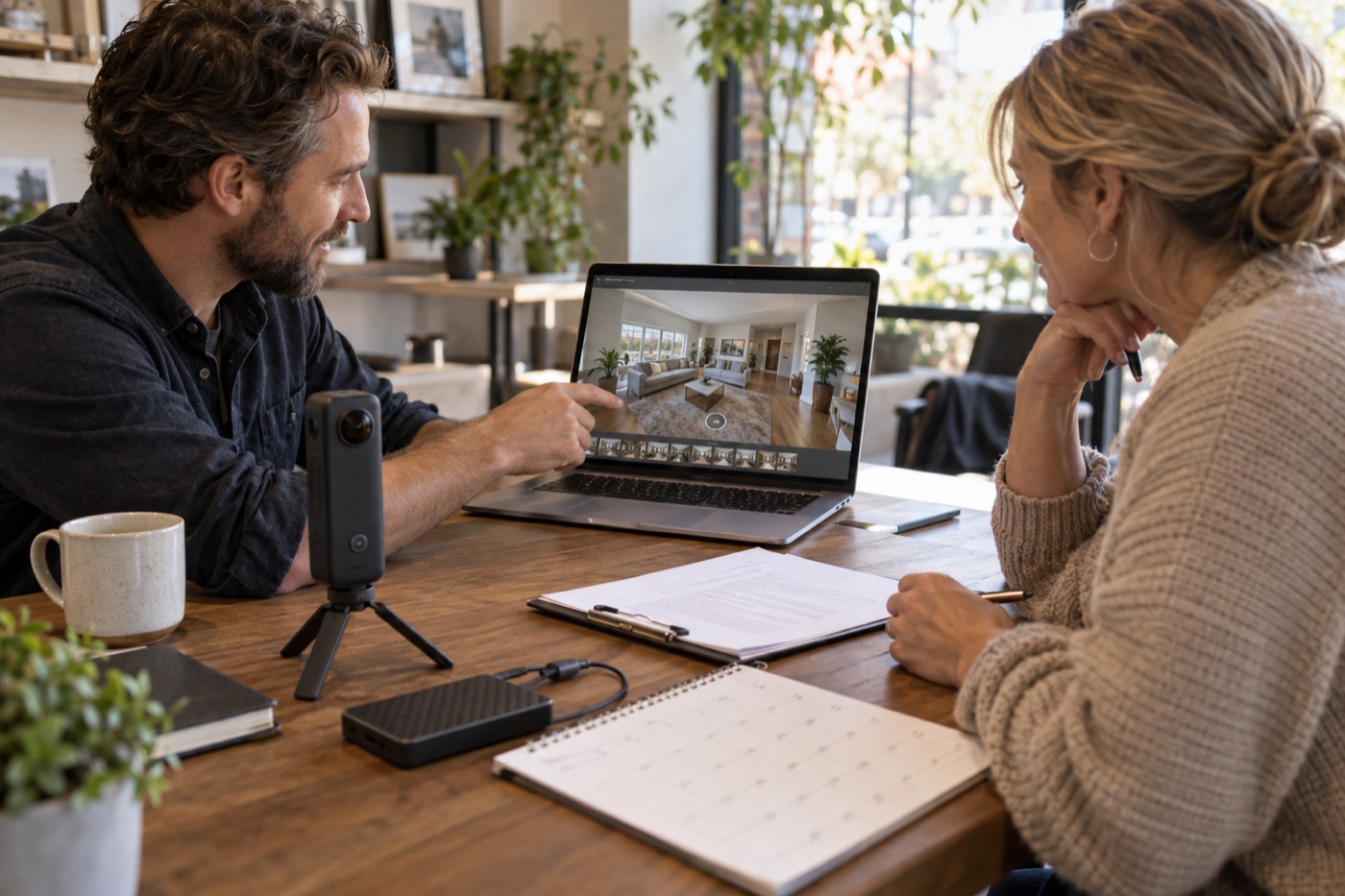 A photographer and client agreeing who will host a one-off virtual tour