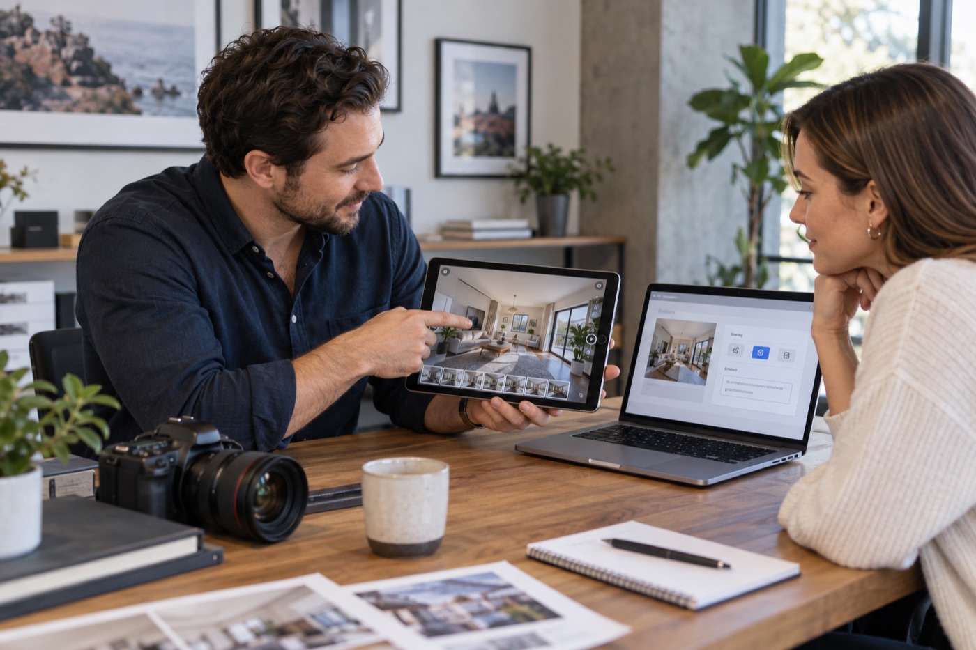 A photographer presenting a hosted virtual property tour to a client