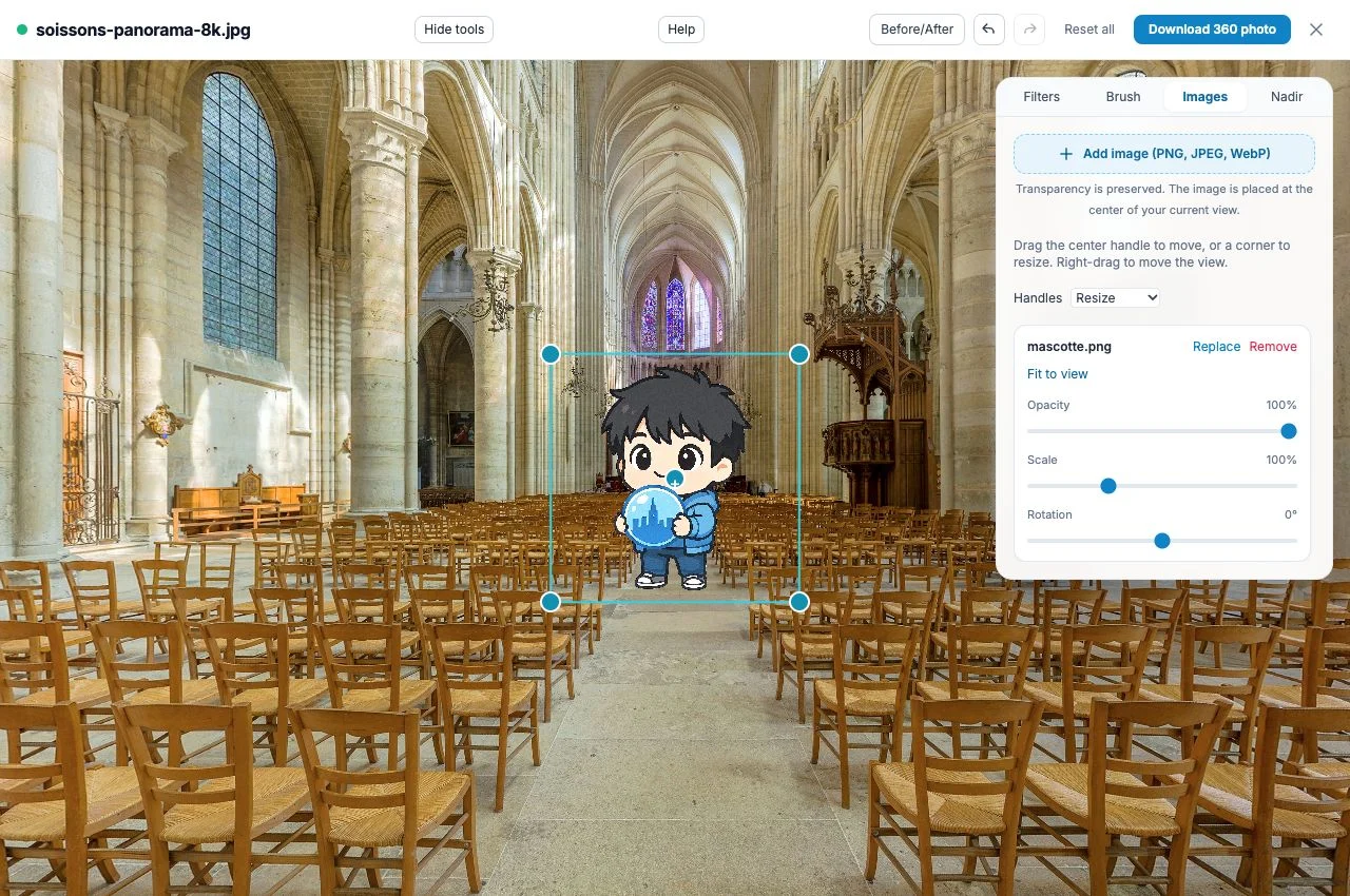 A transparent Mirame360 mascot placed on the panorama with resize handles and opacity, scale and rotation controls