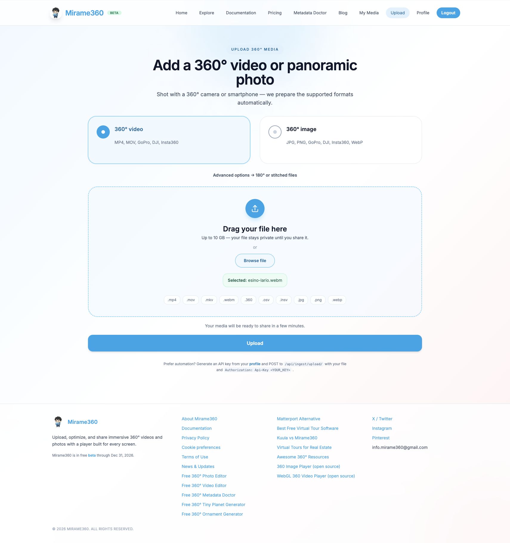 Mirame360 upload form with the Wikimedia esino-lario.webm video selected