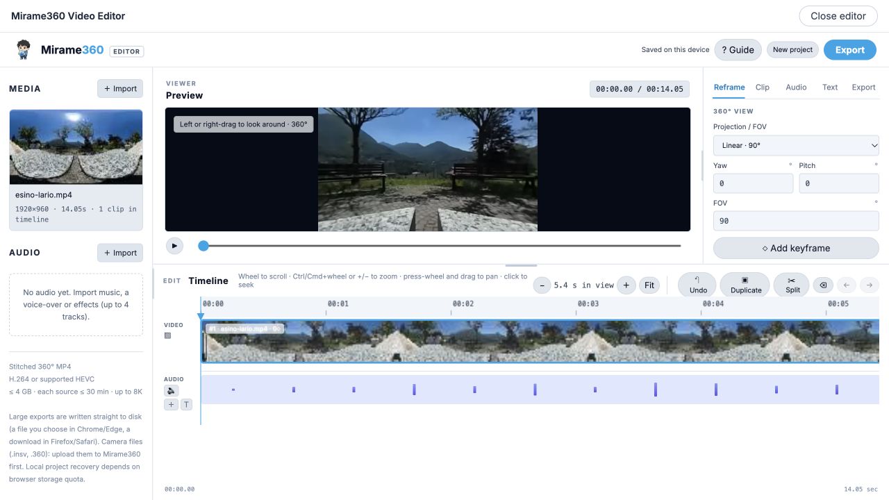 Real Mirame360 browser video editor with a Wikimedia 360 clip imported