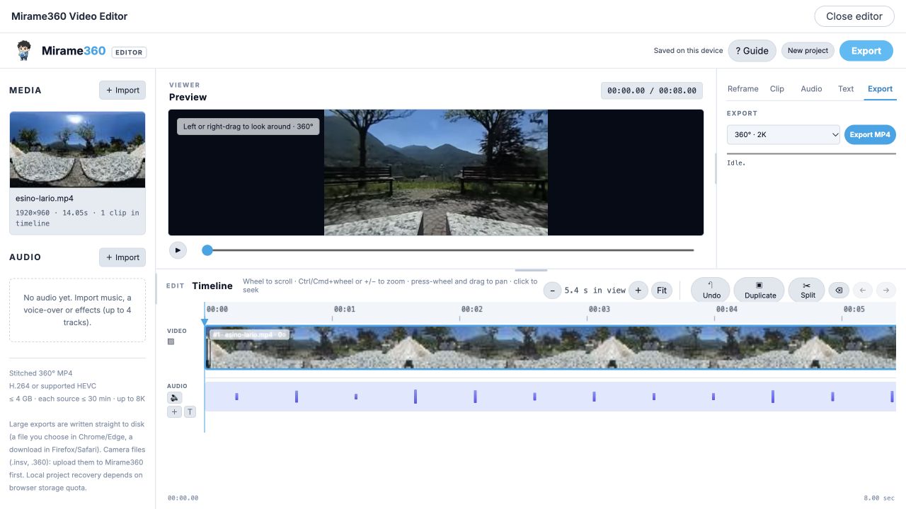 Export panel with the full-sphere 360 degree 2K format selected