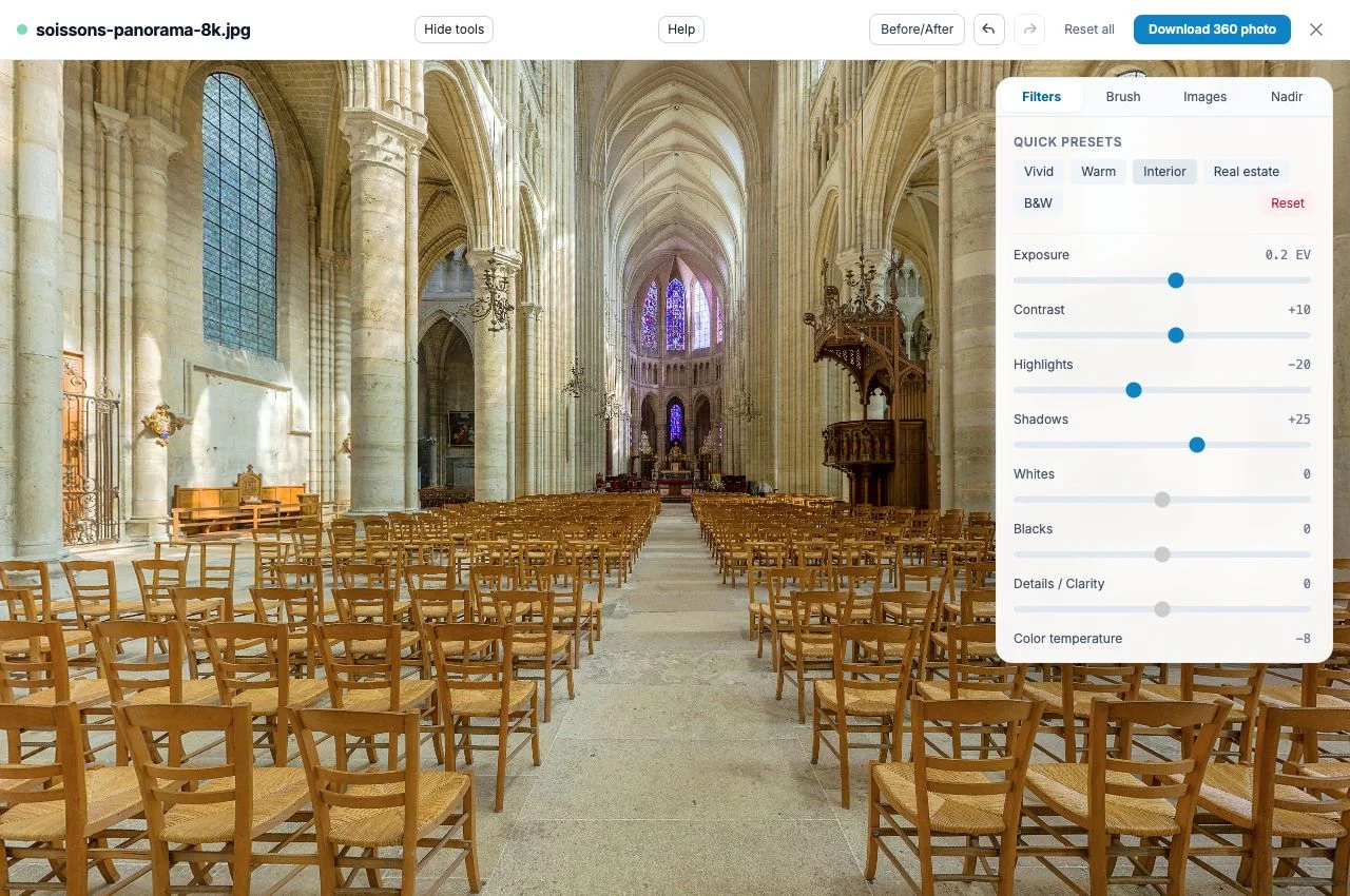 Mirame360 360 photo editor showing the Interior preset, exposure, highlights and shadows controls
