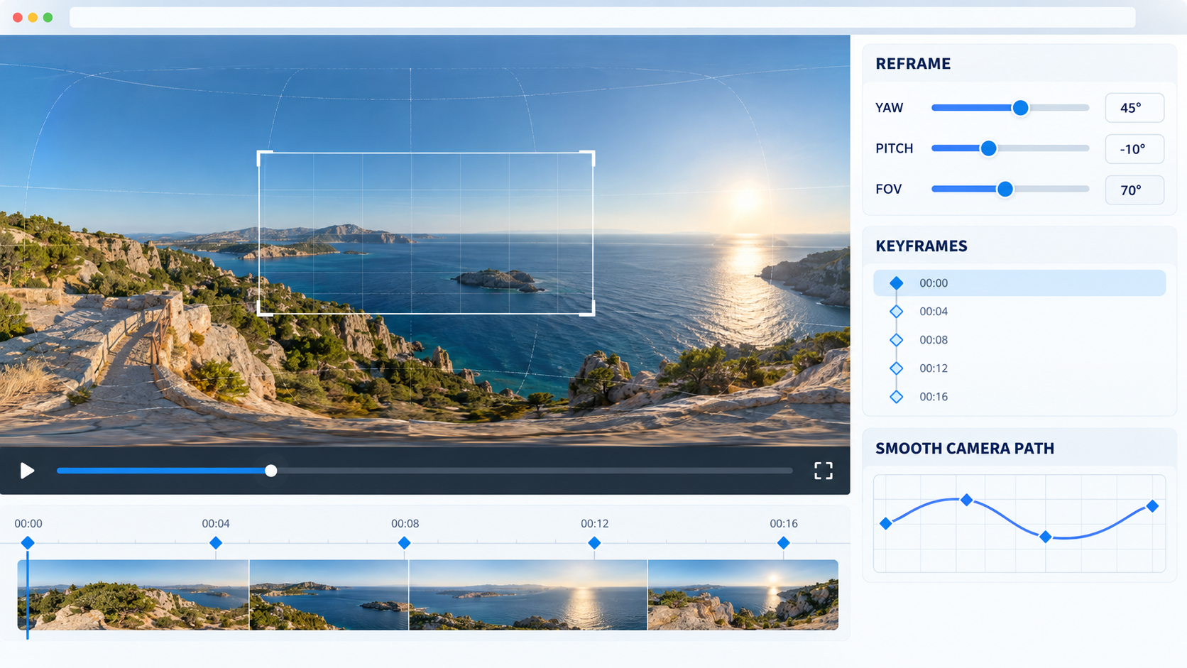 Reframing a 360° video with yaw, pitch, FOV, keyframes and a smooth camera path
