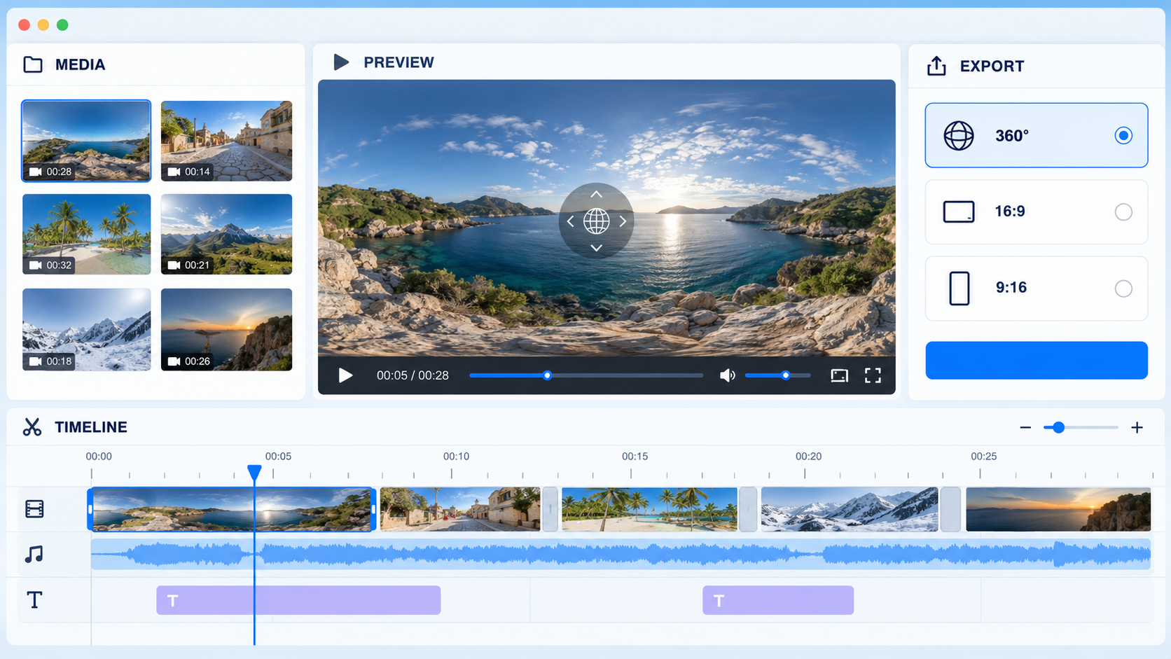 The Mirame360 360° Video Editor with media clips, a panorama preview, timeline and export options