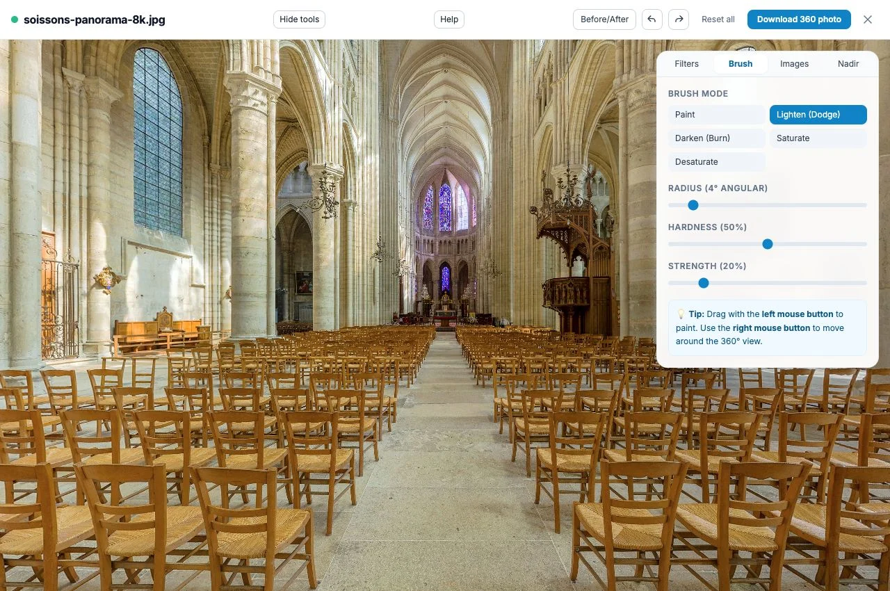 Brush panel in the live 360 photo editor, with Lighten Dodge selected and radius, hardness and strength controls visible