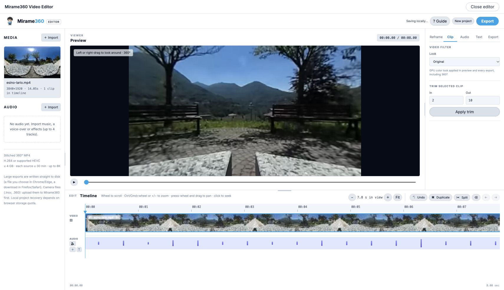Clip controls showing an example trimmed from two seconds to ten seconds