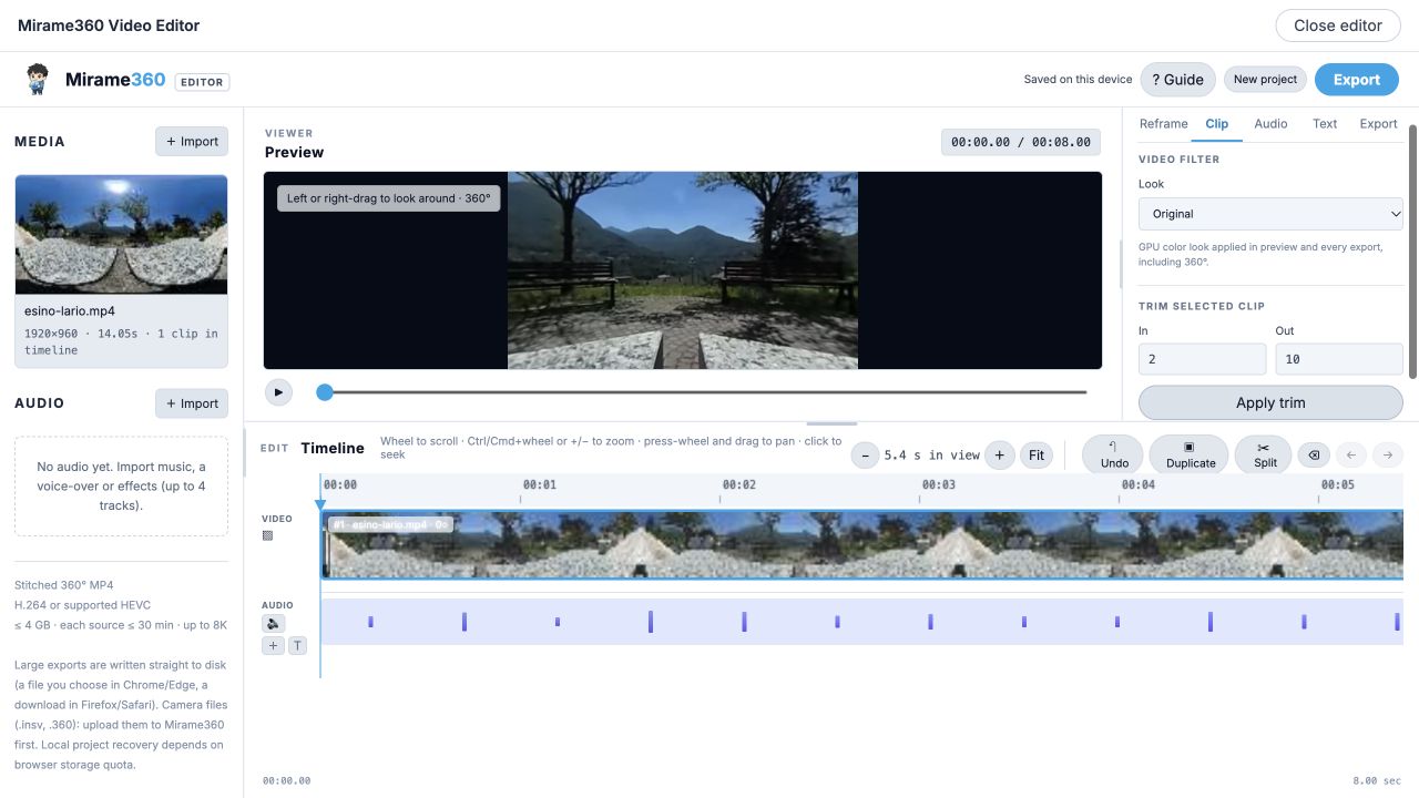 Clip inspector showing In 2, Out 10 and an eight-second edited timeline