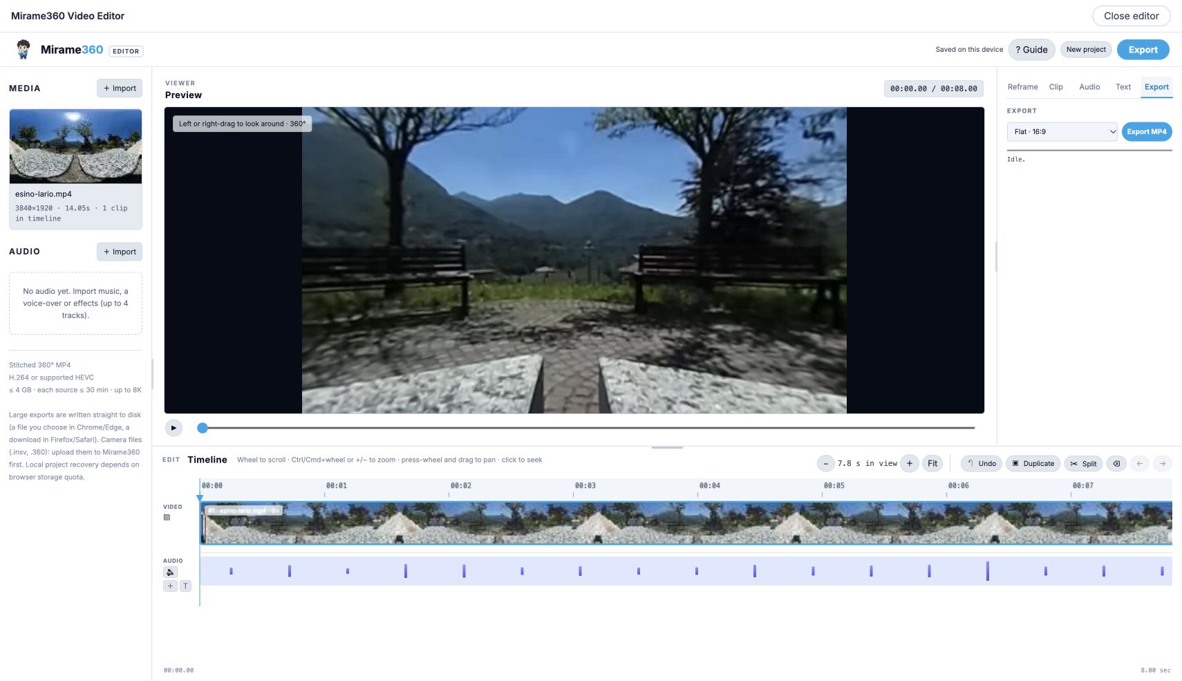 Mirame360 export panel with a full-sphere 360 degree export selected