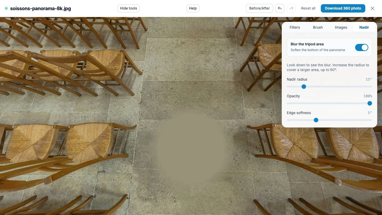 Looking down at the floor in the 360 editor with nadir blur enabled and its radius, opacity and edge softness controls visible