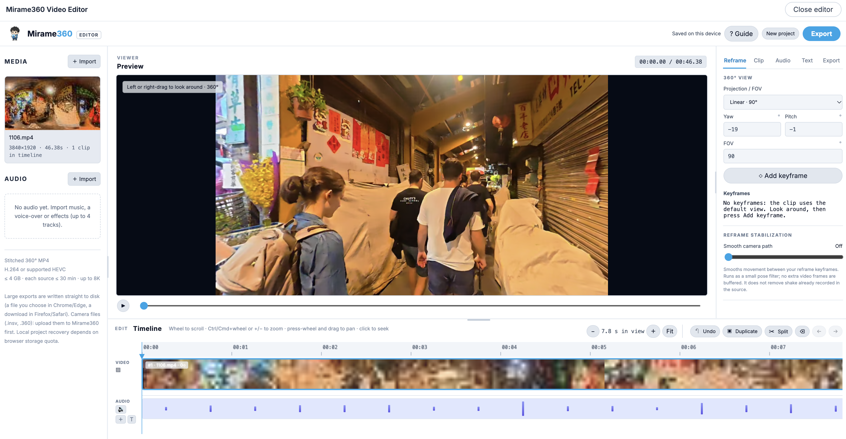 Real Mirame360 360° Video Editor screenshot showing the panorama preview, reframe controls, media panel and timeline