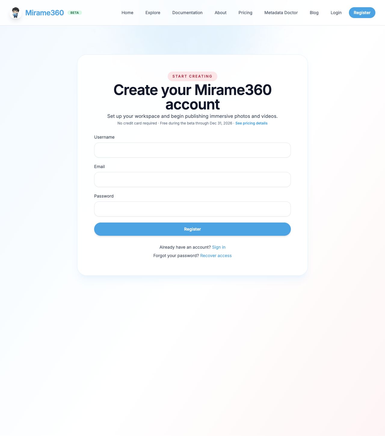 Mirame360 registration form with username, email and password fields