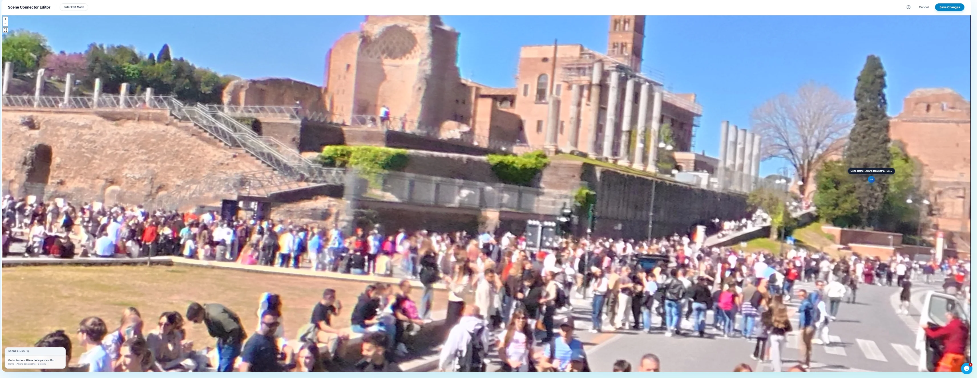 Mirame360 360° panorama connector editor showing a wide interactive view of Rome with a scene link inside the environment