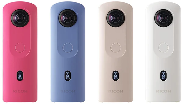 RICOH THETA SC2 camera shown in pink, blue, beige and white
